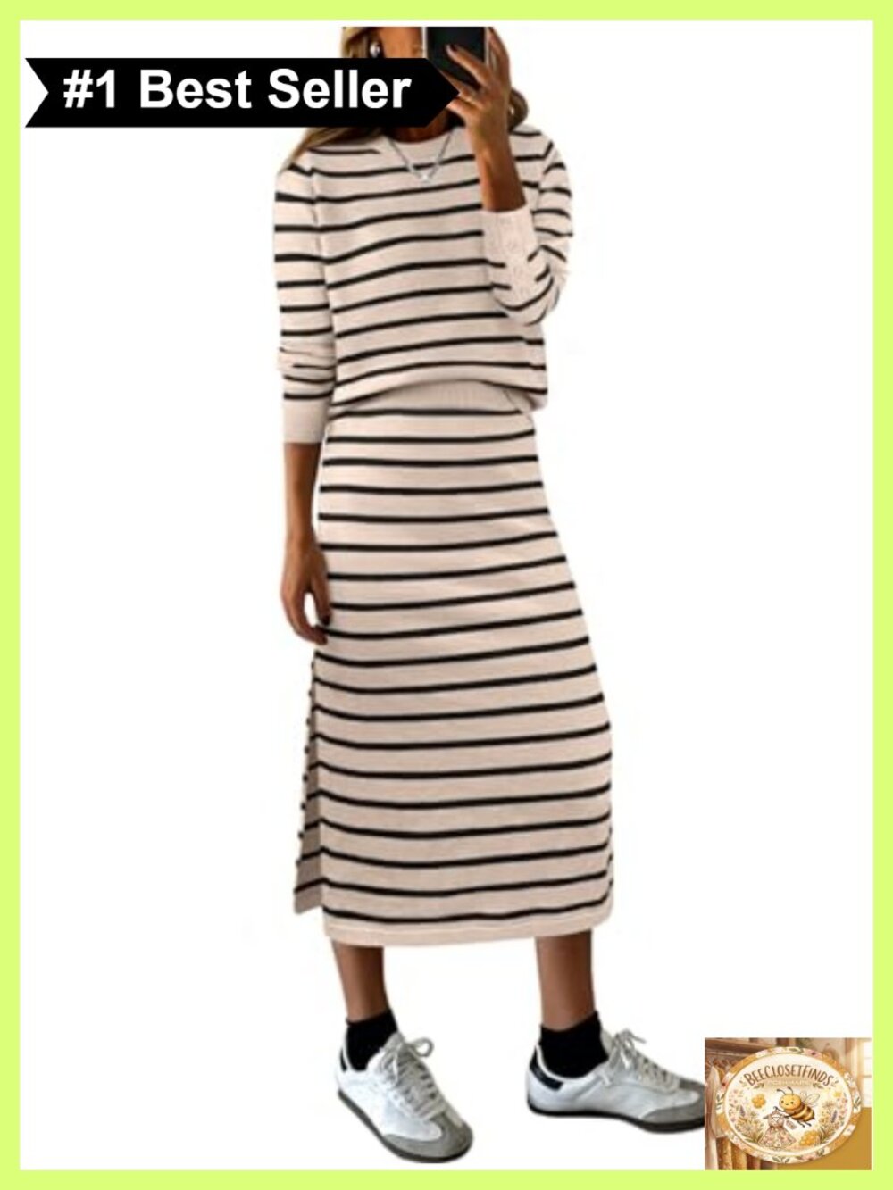 Women 2 Piece Striped Sweater Skirt Set Loose Fit Long Sleeve Midi